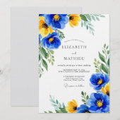Blauw Geel Bloemrijk Bruiloftsontwerp Kaart (Voorkant / Achterkant)