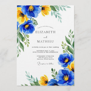 Blauw Geel Bloemrijk Bruiloftsontwerp Kaart