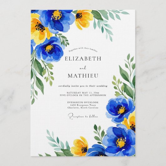 Blauw Geel Bloemrijk Bruiloftsontwerp Kaart (Voorkant)