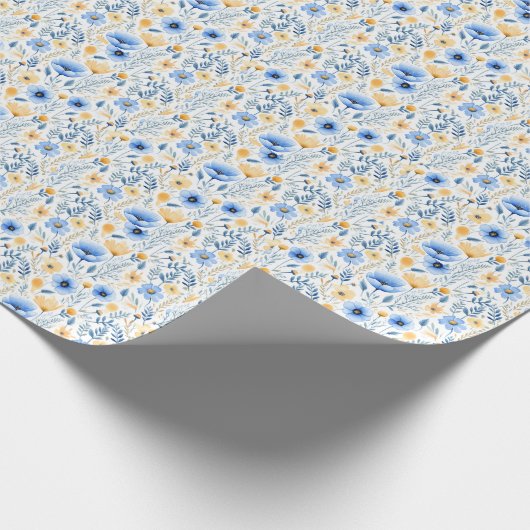 Blauw Geel Boho Bloemachtig Baby Shower Verjaardag Cadeaupapier (Hoek)