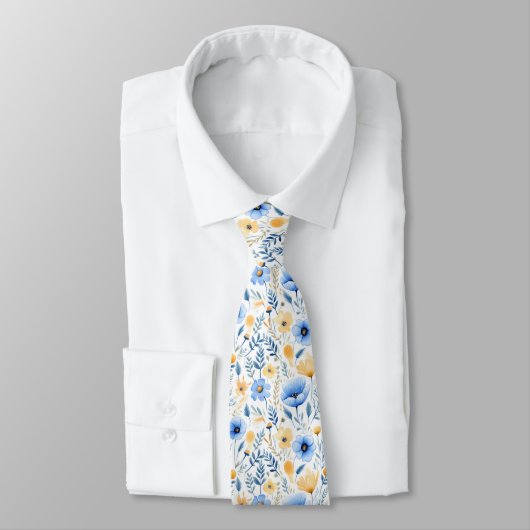 Blauw Geel Boho Bloemen Groomsmen bruidegom Bruilo Stropdas (Gebonden)
