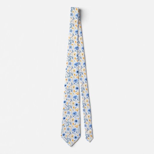 Blauw Geel Boho Bloemen Groomsmen bruidegom Bruilo Stropdas (Voorkant)