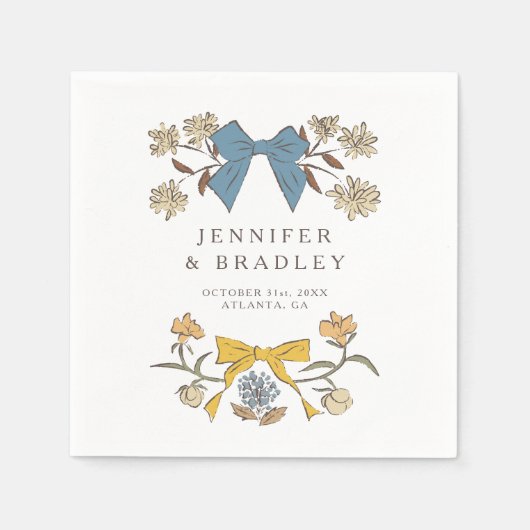 Blauw & Geel Boho Ribbons en bloemen bruiloft Servet (Voorkant)