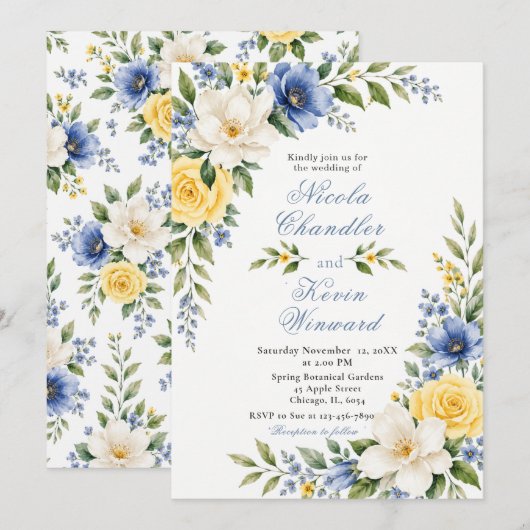 Blauw Geel Botanisch Huwelijk Kaart (Voorkant / Achterkant)