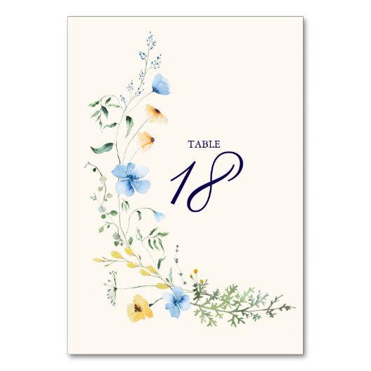Blauw & Geel Botanisch Trouwtafelnummer Kaart (Voorkant)