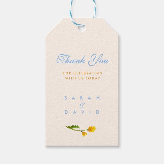 Blauw & Geel boterbloem bewerkbare trouwfeest Cadeaulabel (Voorkant)