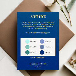 Blauw & geel bruiloft kleding kleurenpalet informatiekaartje