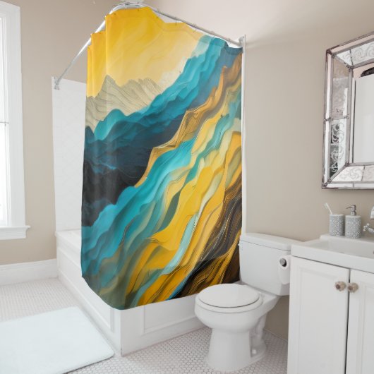Blauw Geel Bruin Abstract Landschap Douchegordijn (In situ)