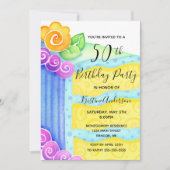 Blauw Geel Caketaart Bloemig 50ste Verjaardagsfees Kaart (Voorkant)