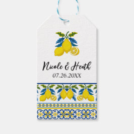 Blauw Geel Citroen Aquarel Mediterraans Huwelijk Cadeaulabel