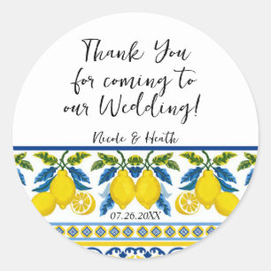 Blauw Geel Citroen Aquarel Mediterraanse Bruiloft Ronde Sticker
