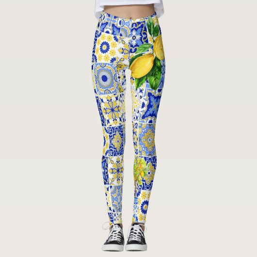 Blauw & Geel Citroen Tegel Dolce Patroon Leggings (Voorkant)