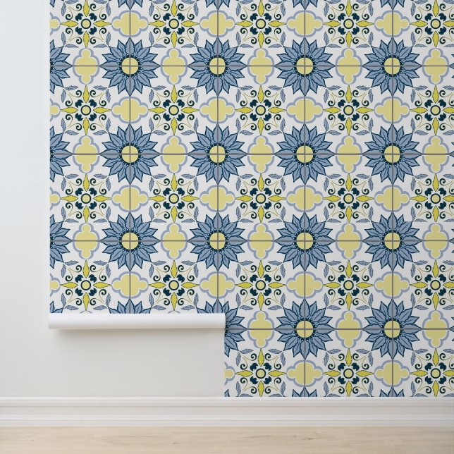 Blauw & Geel Delfts Bloemen Tegel Patroon Behang (Applicatie)