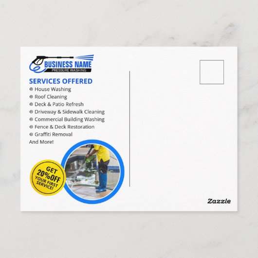 Blauw Geel Druk Washuis Clean Services Briefkaart (Achterkant)
