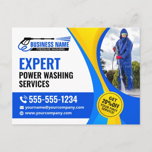 Blauw Geel Druk Washuis Clean Services Briefkaart (Voorkant)