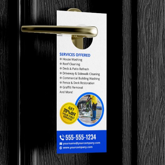 Blauw Geel Druk Washuis Clean Services Deurhanger