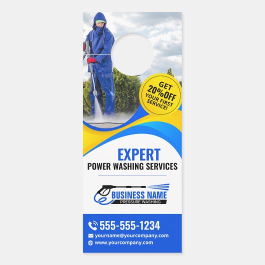 Blauw Geel Druk Washuis Clean Services Deurhanger (Voorkant)