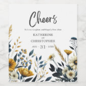 Blauw Geel Elegante Wildbloemen Proost Bruiloft Wijn Etiket (Enkel label)
