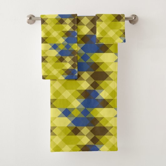 Blauw geel en bruin geometrisch bad handdoek (Insitu)