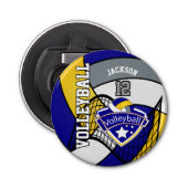 Blauw, geel en grijs volleybal Logo Button Flesopener (Voorkant)