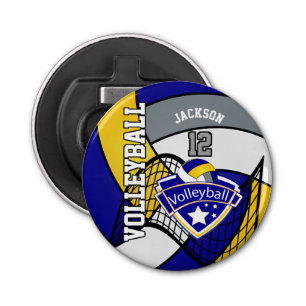 Blauw, geel en grijs volleybal Logo Button Flesopener