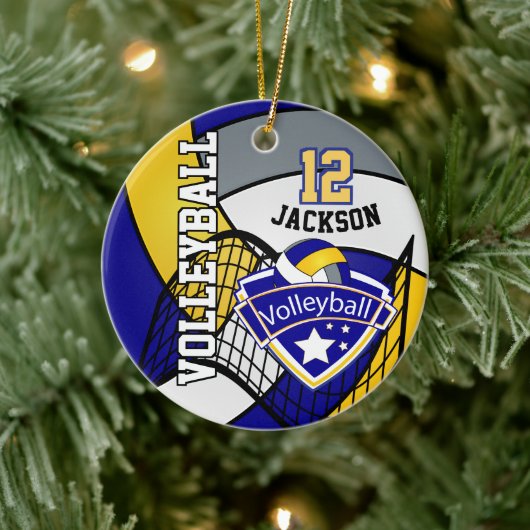 Blauw, geel en grijs Volleybal Logo Keramisch Ornament (Boom)