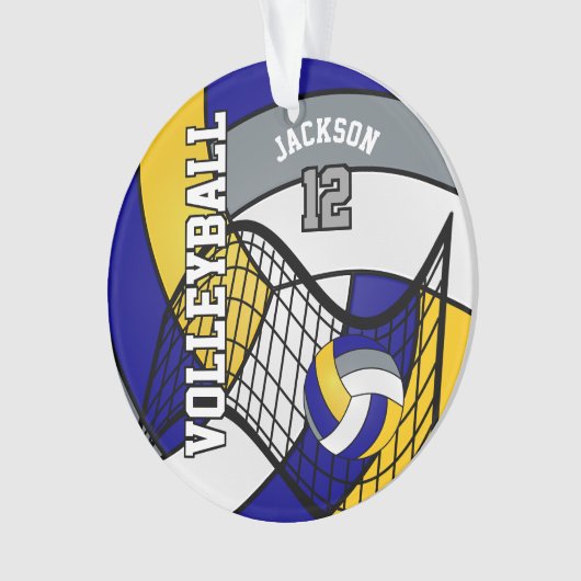 Blauw, geel en grijs volleybal ornament (voorkant)