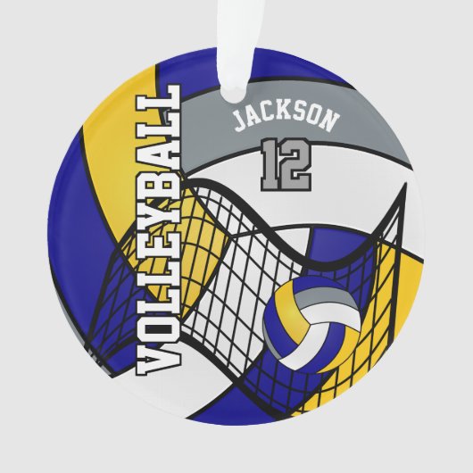 Blauw, geel en grijs volleybal ornament (voorkant)