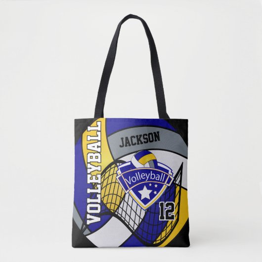 Blauw, geel en grijs volleybal tote bag (Voorkant)