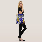 Blauw, geel en grijs volleybal tote bag (Op model)