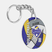 Blauw, geel en grijs Volleybalontwerp Sleutelhanger (Voorkant Links)
