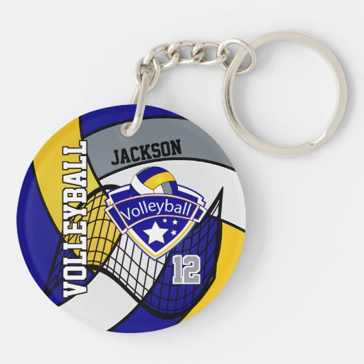 Blauw, geel en grijs Volleybalontwerp Sleutelhanger (Achterkant)