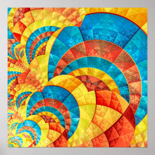 Blauw, geel en oranje fractal patroon poster