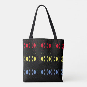 Blauw, geel en rood ovaal patroon op zwart tote bag