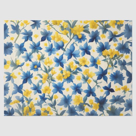 Blauw, Geel en Wit Bloemendecoupage Tissuepapier (Voorkant)