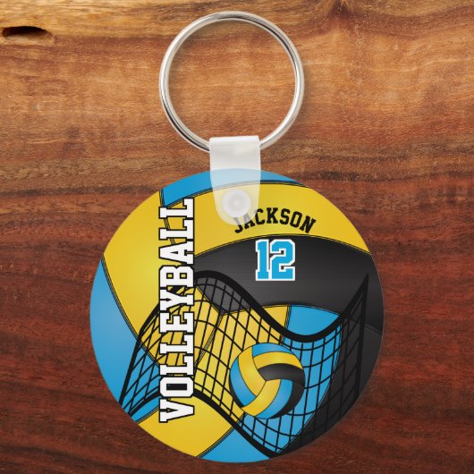 Blauw, geel en zwart Volleybalontwerp Sleutelhanger (Voorkant)