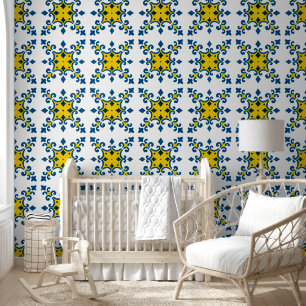 Blauw Geel Fleur De Lis Azulejo Patroon Behang