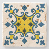 Blauw Geel Fleur De Lis Azulejo Patroon Stenen Onderzetter (Voorkant)