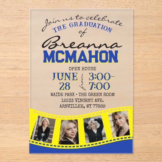Blauw & Geel Foto Afstuderen Filmstrip Frosted Acryl Uitnodigingen (Voorkant)