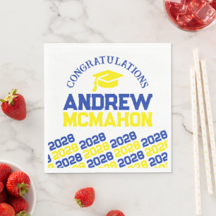 Blauw & geel gepersonaliseerd afstudeerpartijdocum servet