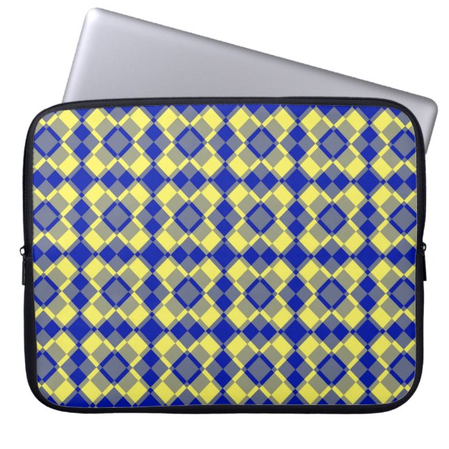 Blauw Geel Geruit Argyle Patroon Laptop Sleeve (Voorkant)