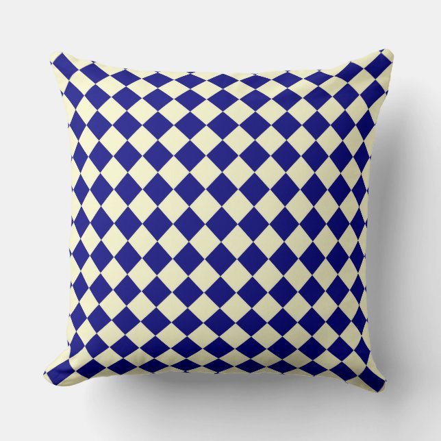 Blauw Geel Geruit Diamant Patroon Kussen (Voorkant)