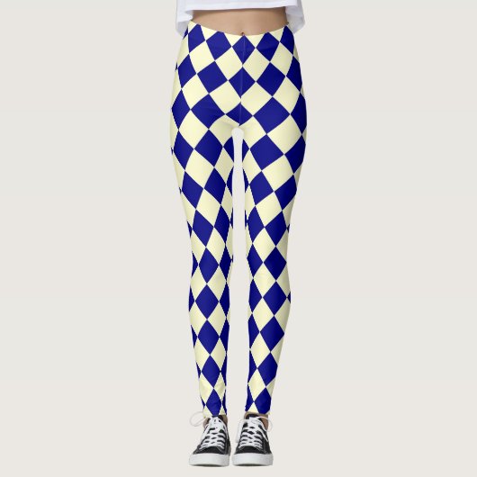 Blauw Geel Geruit Diamant Patroon Leggings (Voorkant)