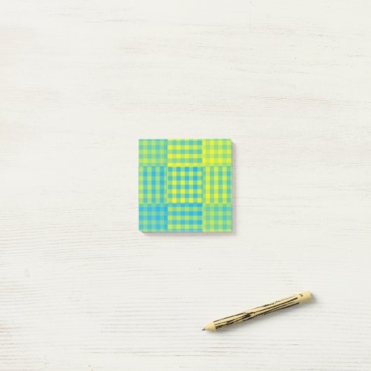 Blauw Geel Geruit Patchwork Patroon Post-it® Notes (Op bureau)