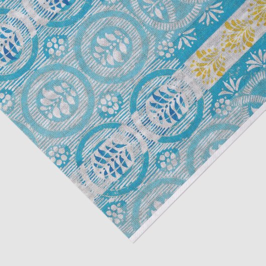  blauw geel gestreept bloemmotief tissuepapier (Detail)