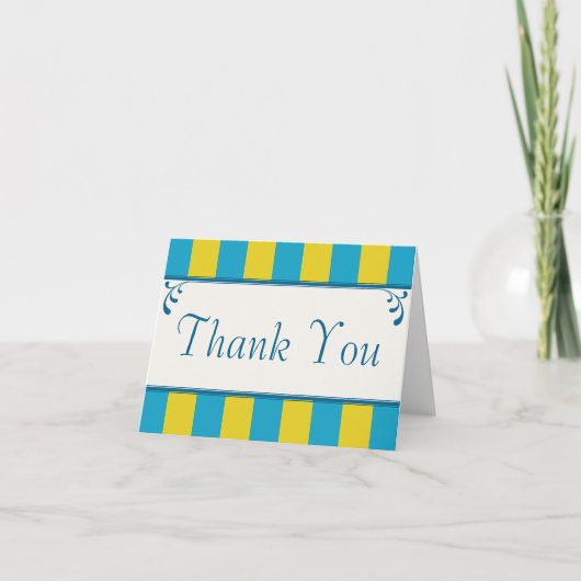 Blauw & Geel Gestreepte Monogrammed Dank u kaart (Voorkant)