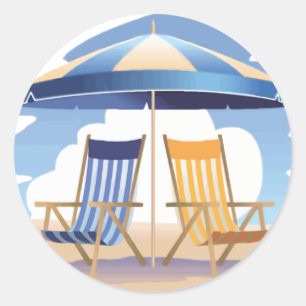 Blauw & Geel Gestreepte Strandstoelen & Paraplu Ronde Sticker