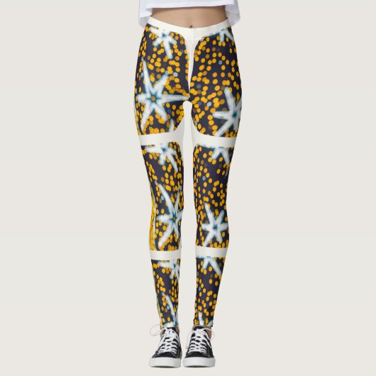 Blauw geel glanzende kerststerren leggings (Voorkant)