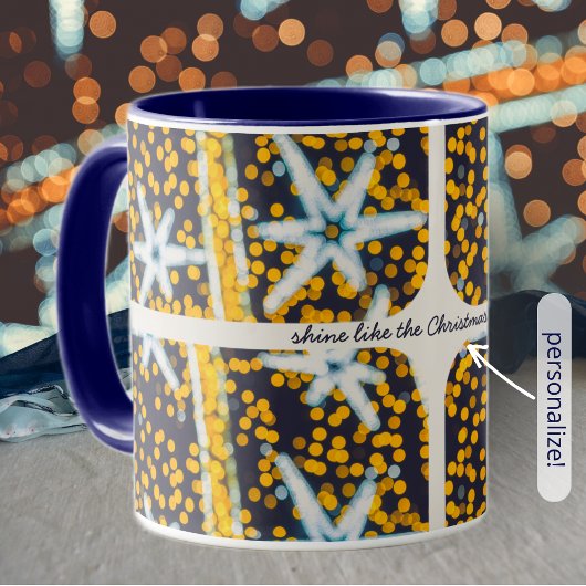 Blauw geel glanzende kerststerren mok