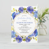 Blauw geel goud bloemen zomer afstudeerfeest kaart (Staand voorkant)